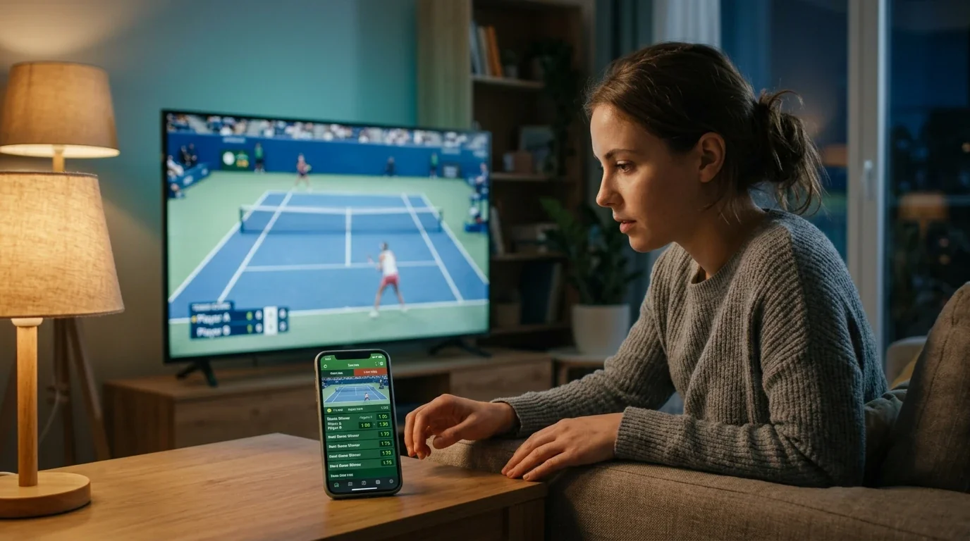 Persona siguiendo un partido de tenis WTA en vivo desde un portátil en un entorno doméstico