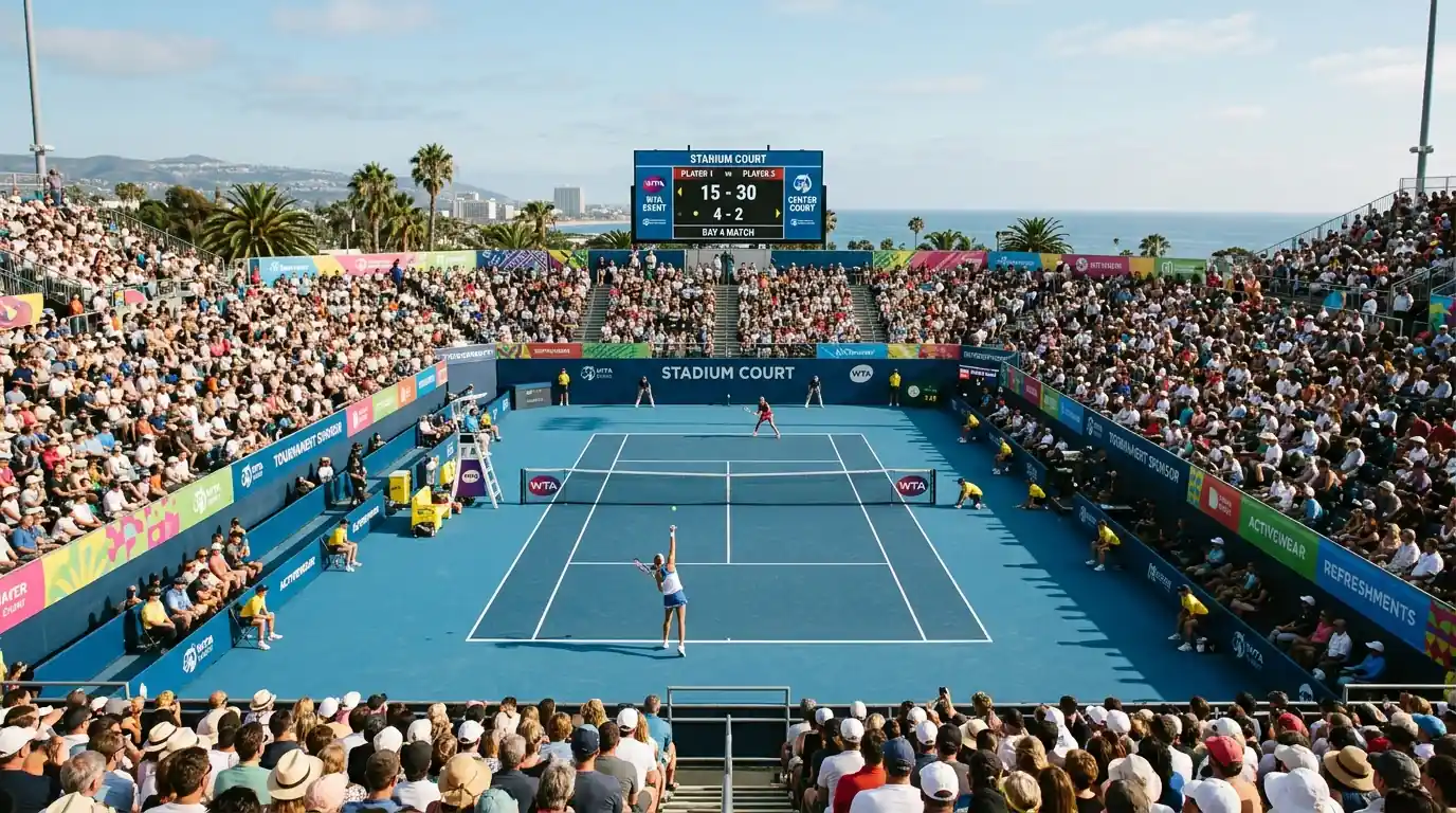 Ambiente de un torneo profesional WTA con grada llena y pista de tenis en primer plano