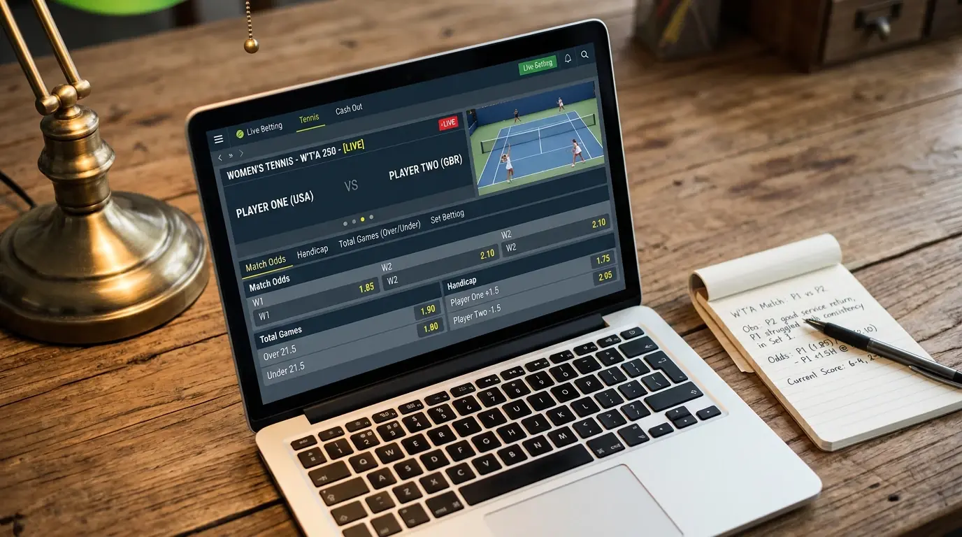 Pantalla de operador mostrando mercados de apuestas en un partido de tenis WTA