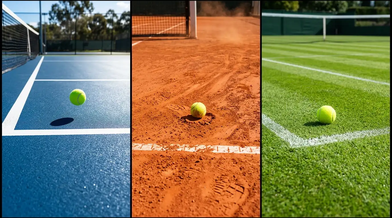 Tres tipos de superficie de tenis: pista dura, tierra batida y hierba en un recinto profesional